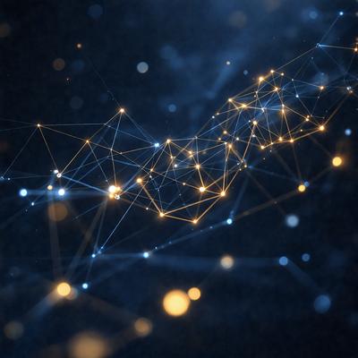 The primary subject of the image is a network of interconnected lines, which are illuminated by a bright, golden light. The setting appears to be a dark, starry night, with the lines and stars creating a sense of depth and dimension. The visual style of the image is a combination of digital art and illustration, with the lines and stars creating a pattern that is both intricate and visually appealing. The colors and mood of the image are predominantly warm and inviting, with the golden light creating a sense